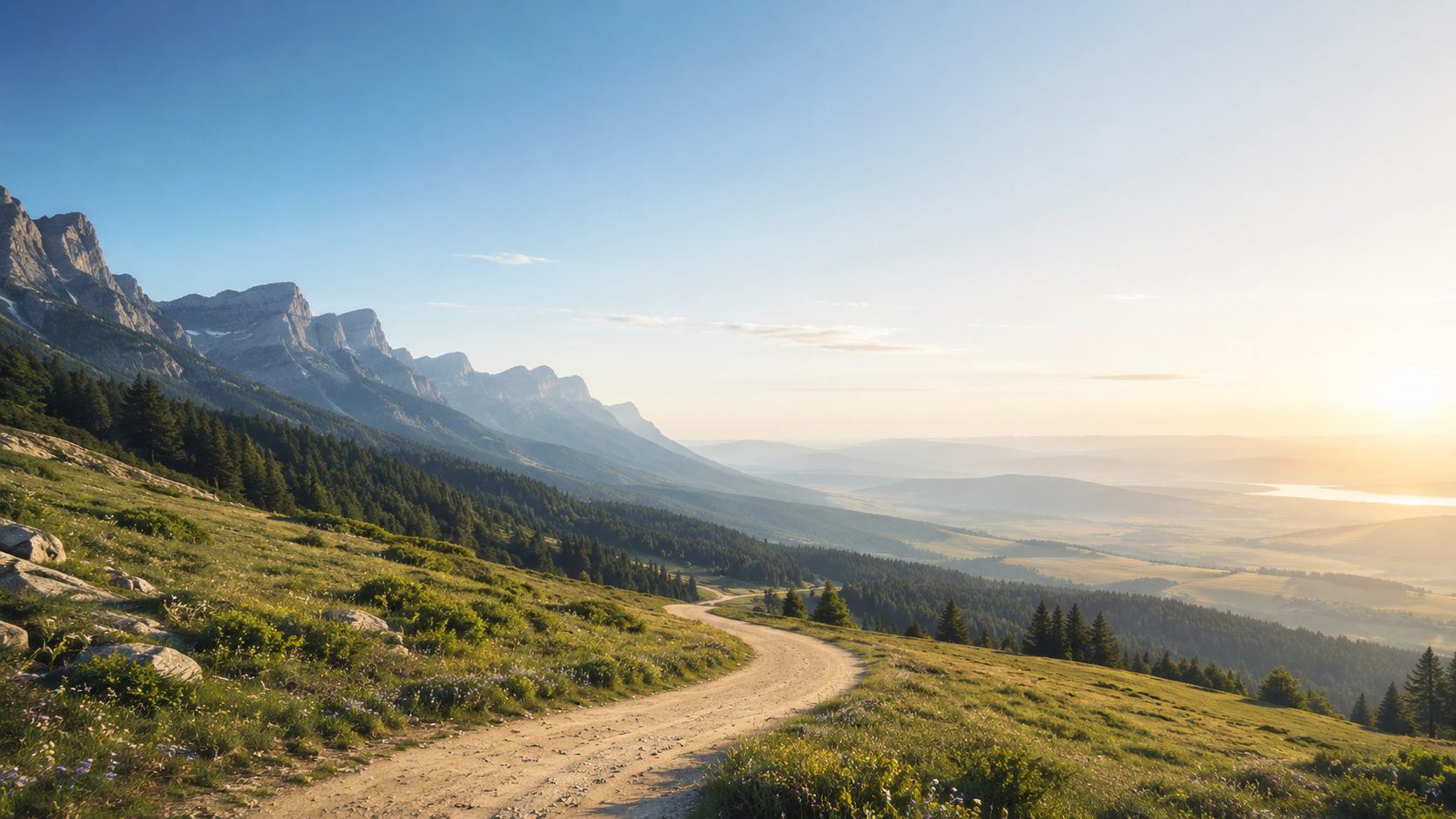 A dirt path winding down a grassy mountain slope toward a wide valley at sunrise